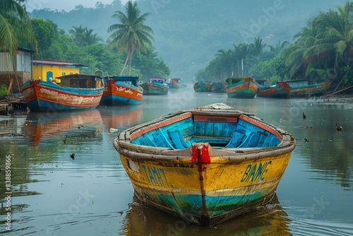 Colored wooden boat in the river