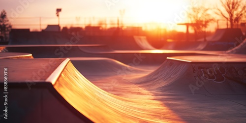 A skate park for an active lifestyle against the backdrop of a vibrant cityscape, under the golden rays of the sun.
