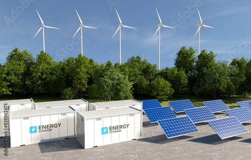 Energy storage systems with wind turbines and solar farms, Green alternative energy, Net zero emissions concept. 3D illustration