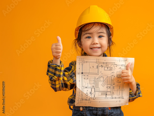 Smiling Child Engineer Holding Blueprint and Giving Thumbs Up in Hard Hat