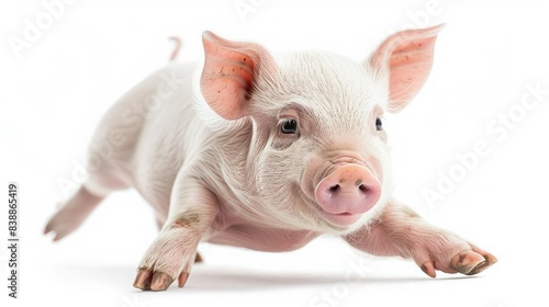 Adorable pink piglet in motion with a white background, capturing the joyful and playful essence of a young farm animal.