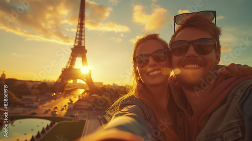  Happy couple of tourists taking a selfie picture in front of the Eiffel Tower in Paris, France, the sun setting behind the iconic landmark