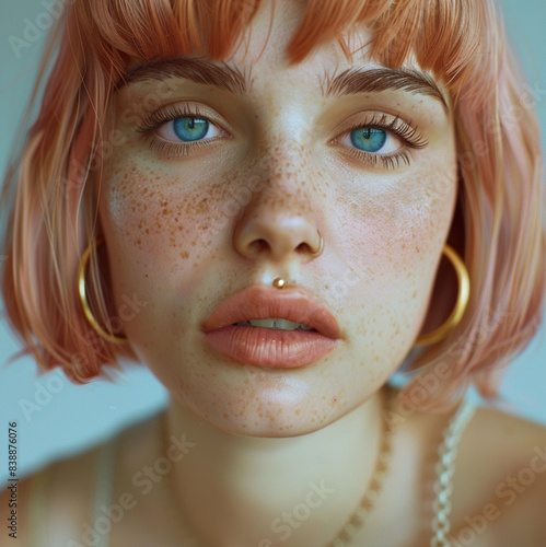 frontal close up photo,pretty 26 years old italian woman with light PINK hair with clear and intense light blue eye with gold medium size hoop earring