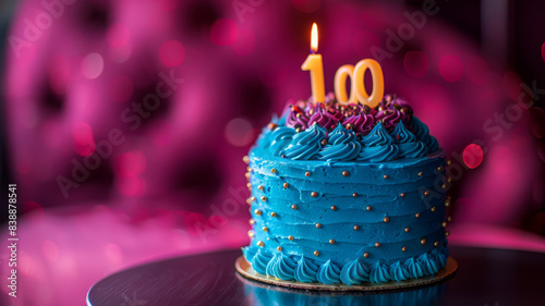 100th birthday cake with blue icing and a '100' candle