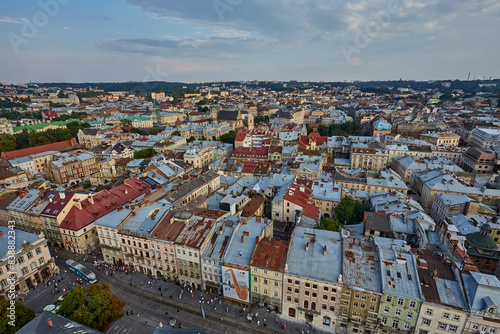 view of catholic cathedral in Ukraine, panoramic view of the city Lviv