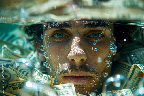The deep dive into debt. A man submerged under a sea of money, symbolizing the suffocation and drowning effect of debt slavery in todays financially troubled society.