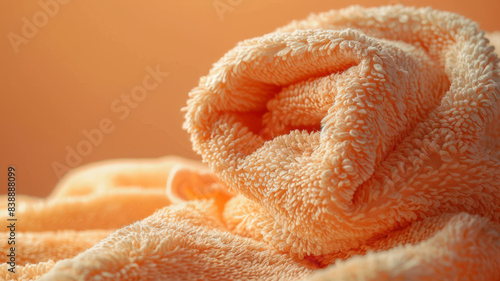 Close-up of a folded orange bath towel on an orange background