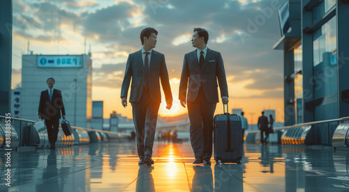 Two Asian men in their 40s, dressed in suits, are traveling on a business trip at Airport. Generative AI.
