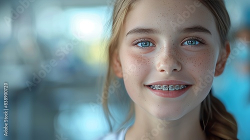 Cheerful teen with braces smiling on blue backdrop, emphasizing orthodontic concept