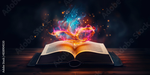 Spell book. Magically glowing old book. Fairy tale come to life