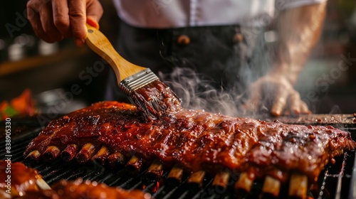 A chef marinating a slab of ribs with a brush, with the grill and smoke in the background.