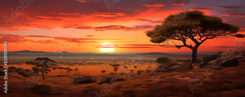 African savanna at late sunset, national wild park landscape, beautiful panoramic view, generated ai 
