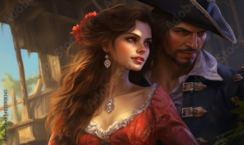 Beautiful pirate couple in love, romantic love store, illustration generated ai