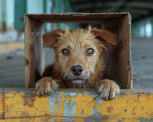 Adorable scruffy dog peeking out from a cardboard box in an industrial setting, showcasing curiosity and charm.