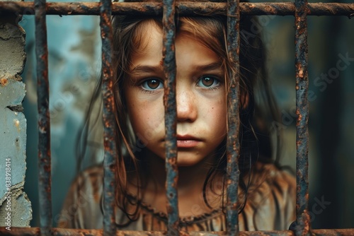 Portrait of poor, hungry neglected, dirty girl standing behind old rusty iron fence. Poverty, misery, migrants, homeless people, war, Generative AI