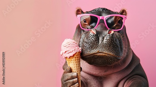 Funny animal pet summer holiday vacation photography banner - Closeup of hippo with sunglasses, eating ice cream in cone