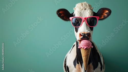Funny animal pet summer holiday vacation photography banner - Closeup of cow with sunglasses, eating ice cream in cone