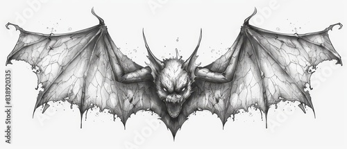 A gothic-style bat tattoo with spread wings in black ink against a plain white background looks striking