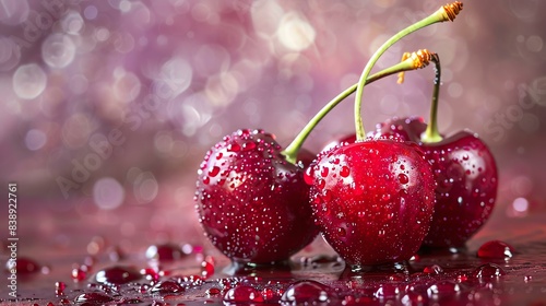 A close-up image of a handful of wet red cherries with water droplets on a reflective surface.