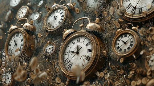 Falling clocks a surreal moment captured in motion, timepieces descending in unison