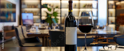 Close up bottle of wine and wine glass on a table in luxury restaurant