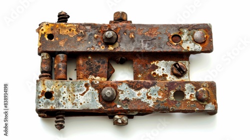 rusty old hinge on isolated white background, Material work concept for designer
