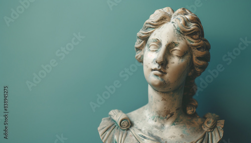 Ancient statue bust, blue background, copy space