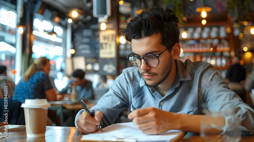 A photorealistic portrait of a young entrepreneur, sketching ideas on a napkin in a bustling cafe. Their eyes are filled with determination and a hint of chaos, capturing the spirit of a startup