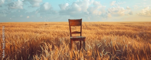 Solitary chair in a vast wheat field under cloudy sky, serene landscape. Concept of loneliness and tranquility