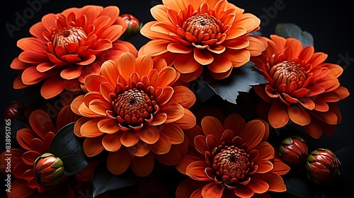 Bright orange zinnia petals spread across a solid black background, their vibrant hue standing out boldly