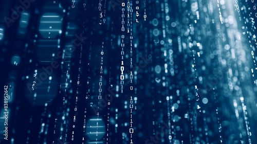 Abstract digital matrix background with binary code data streams and blue light, representing big data and technology.