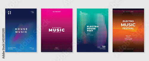 Music poster design background vector set. Electro Sound Cover template with abstract gradient halftone dotted. Ideal design for social media, flyer, party, music festival, club.
