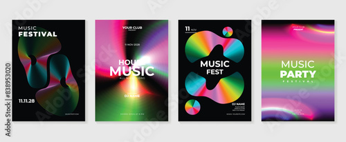 Music poster design background vector set. Electro Sound Cover template with abstract gradient line wave. Ideal design for social media, flyer, party, music festival, club.