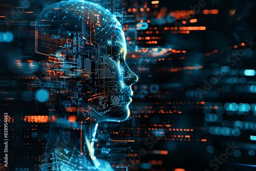 Futuristic AI technology concept featuring a digital human head with neural network connections and data visualization.