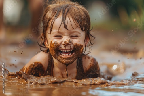 A child gleefully playing in the mud, their face covered in a joyful mess