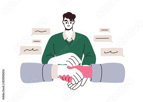 Negotiation concept. Business meeting with negotiator, mediator, communication intermediary. Handshake for agreement, peace. Cooperation concept. Flat vector illustration isolated on white background