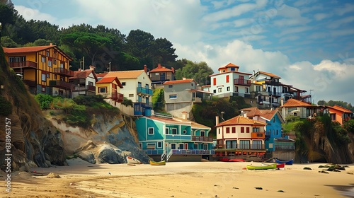 A charming coastal village with colorful houses perched on cliffs above a sandy beach.