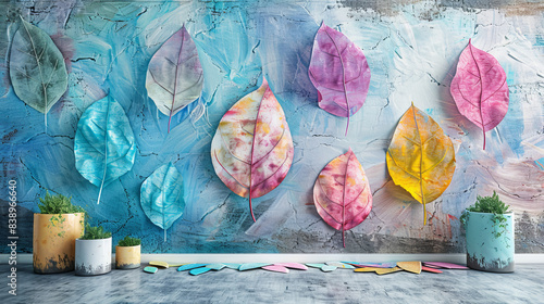 Large pastel art painted leaves on textured wall photo wallpaper for interior design transformation.