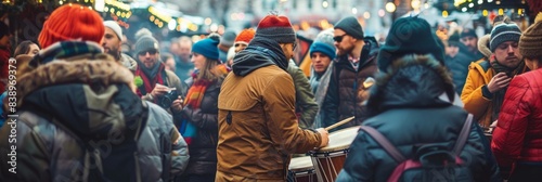 A crowd of bundled-up individuals gathers in the winter streets to watch a lively street performer beat on a drum