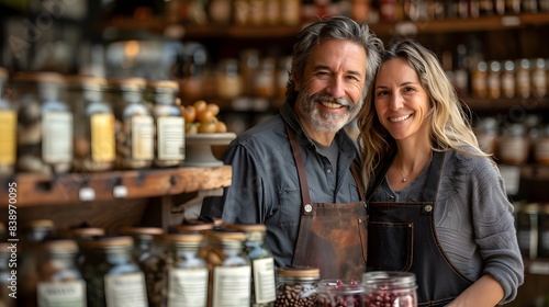 Smiling middle-aged couple in aprons standing in front of shelves filled with jars in a cozy, rustic store setting.