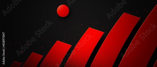 Red shiny bars going up on black background with red sun on top, abstract minimal circle