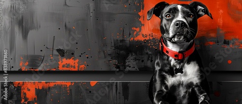 Black white dog with red collar sitting in front black red abstract painting, drip mammal