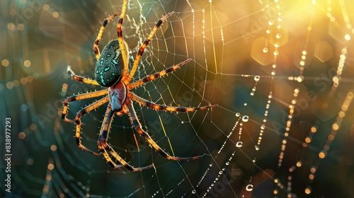 Colorful spider perches on its intricate web, shimmering with dew drops against the glowing backdrop of an early morning sun.