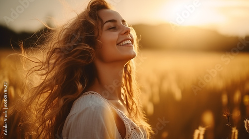 Portrait of calm happy smiling free woman with closed eyes