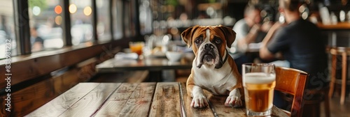 A well-behaved dog sits patiently on a restaurant table while patrons enjoy their meal