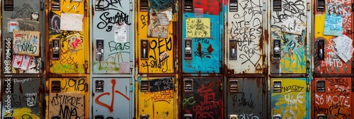 A close-up photo of a row of weathered lockers covered in colorful graffiti and handwritten notes
