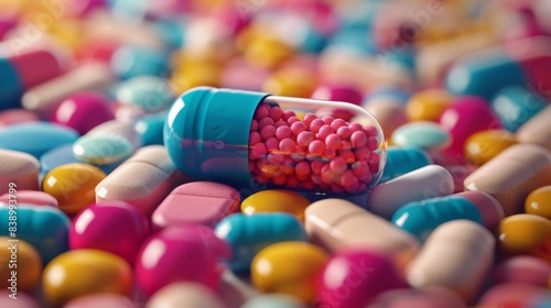 A close up of a pill bottle with pills spilling out, AI