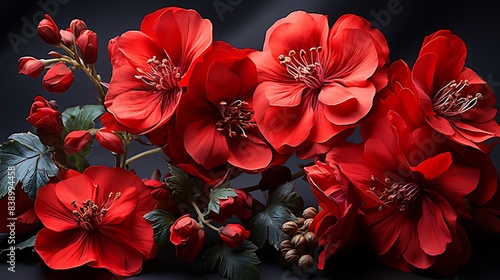 Deep red geranium petals delicately sprinkled over a solid grey background, creating a striking and elegant effect
