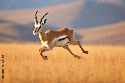 Elegant gazelle gallops through a golden field with a warm, soft-focus background