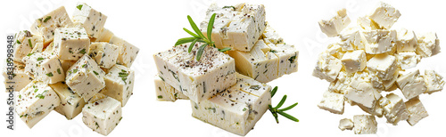 Feta cheese bundle, cut in cubes, isolated on a white background, closeup front view and top down view